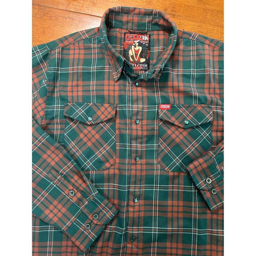 Dixxon Flannel Mistletoe Mens 2XL Green Rust Plaid Snap Front D-Tech Shirt